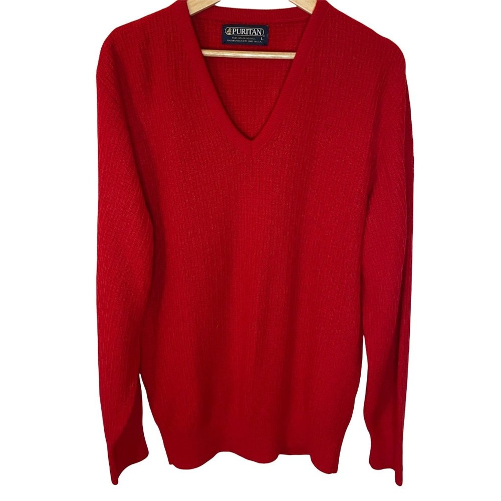 Vintage Puritan 100% Orlon Acrylic VNeck Grandpa Sweater Textured Red L USA